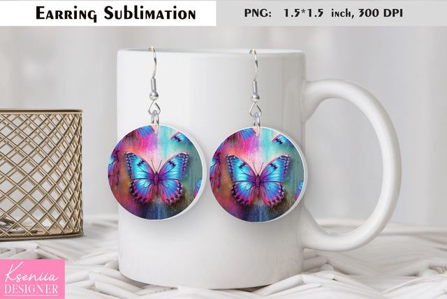 Butterfly round earring sublimation. Summer earring design Sublimation Kseniia designer 
