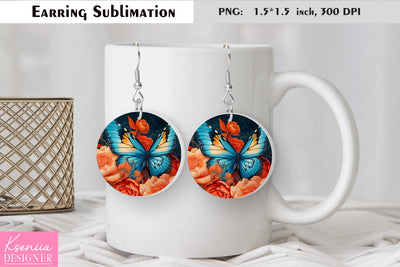 Butterfly round earring sublimation. Summer earring design Sublimation Kseniia designer 