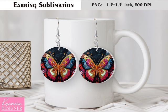 Butterfly round earring sublimation. Summer earring design Sublimation Kseniia designer 