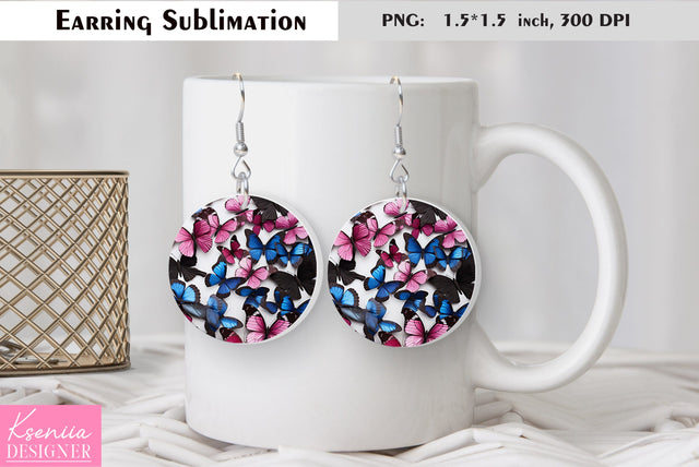 Butterfly round earring sublimation. Summer earring design Sublimation Kseniia designer 