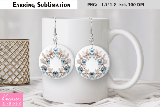 Butterfly round earring sublimation. Summer earring design Sublimation Kseniia designer 