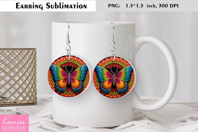 Butterfly round earring sublimation. Summer earring design Sublimation Kseniia designer 