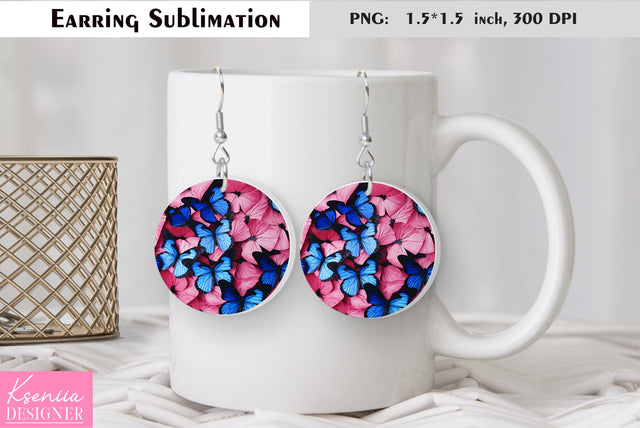 Butterfly round earring sublimation. Summer earring design Sublimation Kseniia designer 