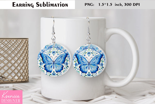 Butterfly round earring sublimation. Summer earring design Sublimation Kseniia designer 