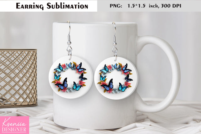 Butterfly round earring sublimation. Summer earring design Sublimation Kseniia designer 