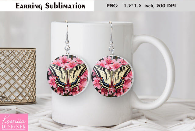 Butterfly round earring sublimation. Summer earring design Sublimation Kseniia designer 