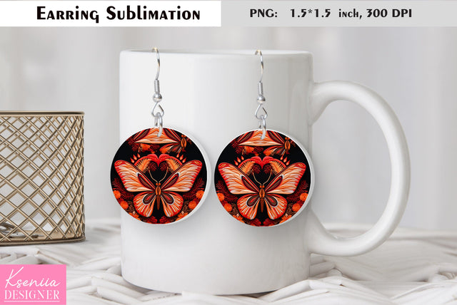 Butterfly round earring sublimation. Summer earring design Sublimation Kseniia designer 