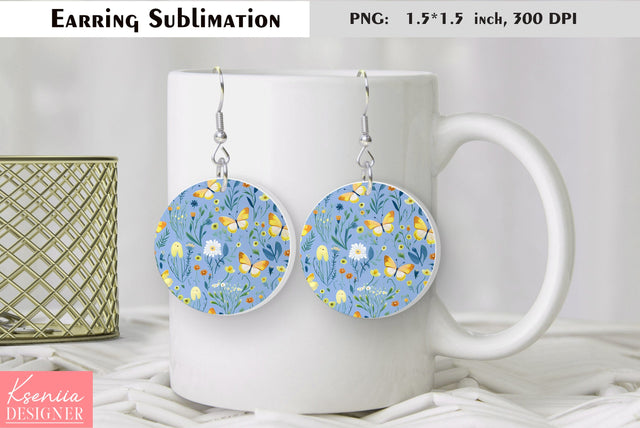Butterfly round earring sublimation. Summer earring design Sublimation Kseniia designer 