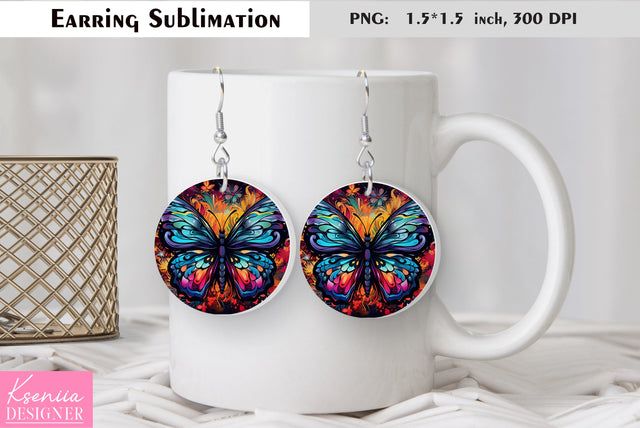 Butterfly round earring sublimation. Summer earring design Sublimation Kseniia designer 