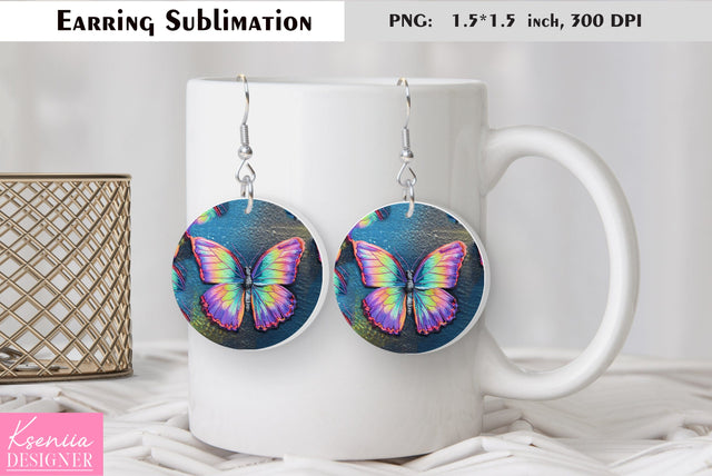 Butterfly round earring sublimation. Summer earring design Sublimation Kseniia designer 