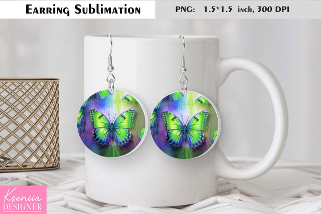 Butterfly round earring sublimation. Summer earring design Sublimation Kseniia designer 