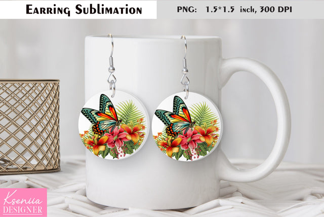 Butterfly round earring sublimation. Summer earring design Sublimation Kseniia designer 