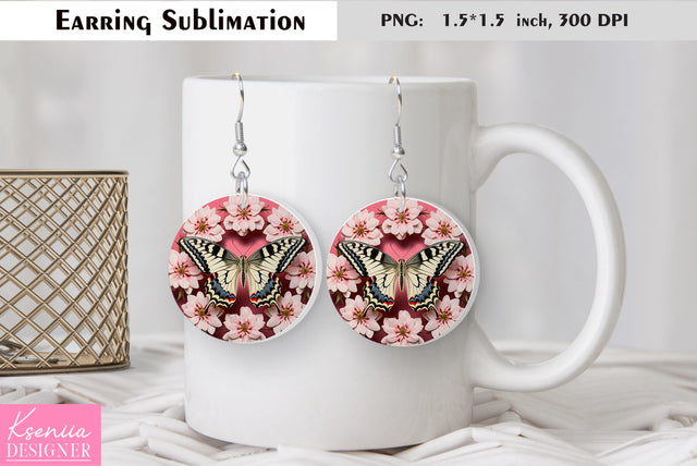 Butterfly round earring sublimation. Summer earring design Sublimation Kseniia designer 
