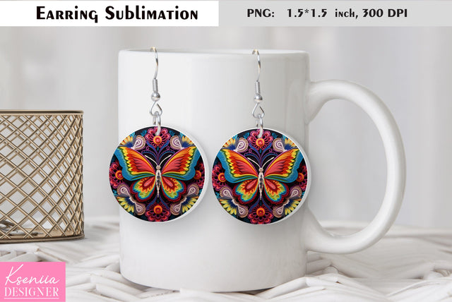 Butterfly round earring sublimation. Summer earring design Sublimation Kseniia designer 
