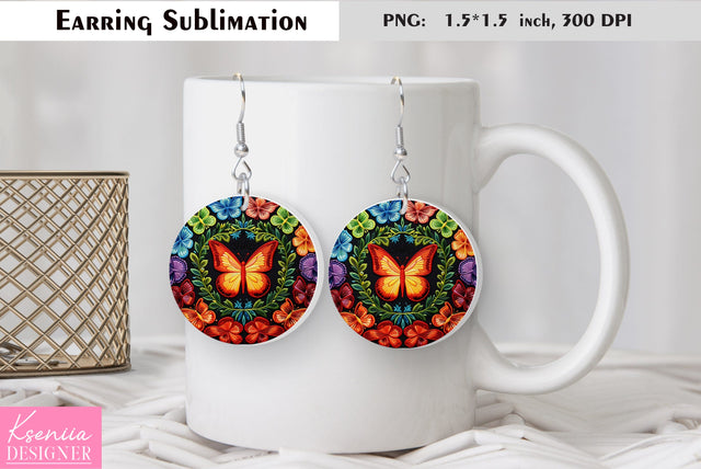 Butterfly round earring sublimation. Summer earring design Sublimation Kseniia designer 