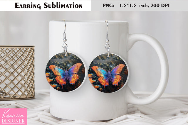 Butterfly round earring sublimation. Summer earring design Sublimation Kseniia designer 
