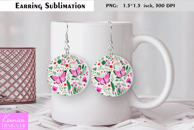Butterfly round earring sublimation. Summer earring design Sublimation Kseniia designer 