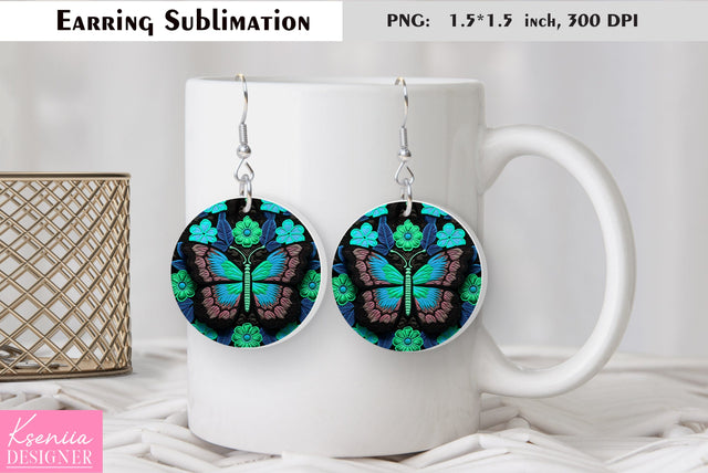 Butterfly round earring sublimation. Summer earring design Sublimation Kseniia designer 