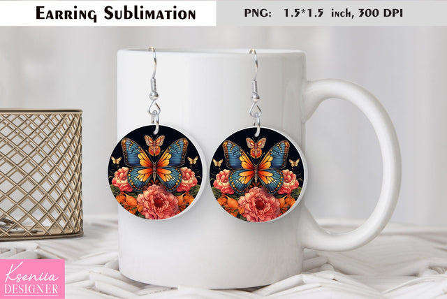 Butterfly round earring sublimation. Summer earring design Sublimation Kseniia designer 
