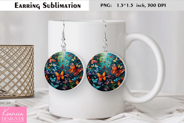 Butterfly round earring sublimation. Summer earring design Sublimation Kseniia designer 