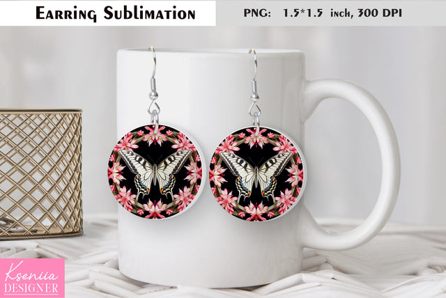 Butterfly round earring sublimation. Summer earring design Sublimation Kseniia designer 