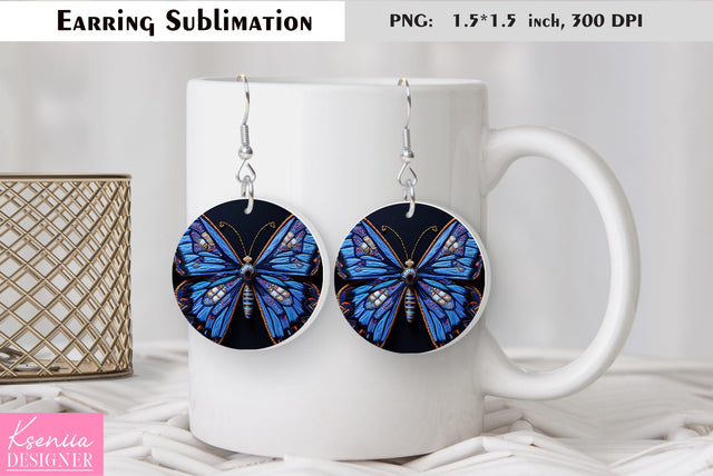 Butterfly round earring sublimation. Summer earring design Sublimation Kseniia designer 