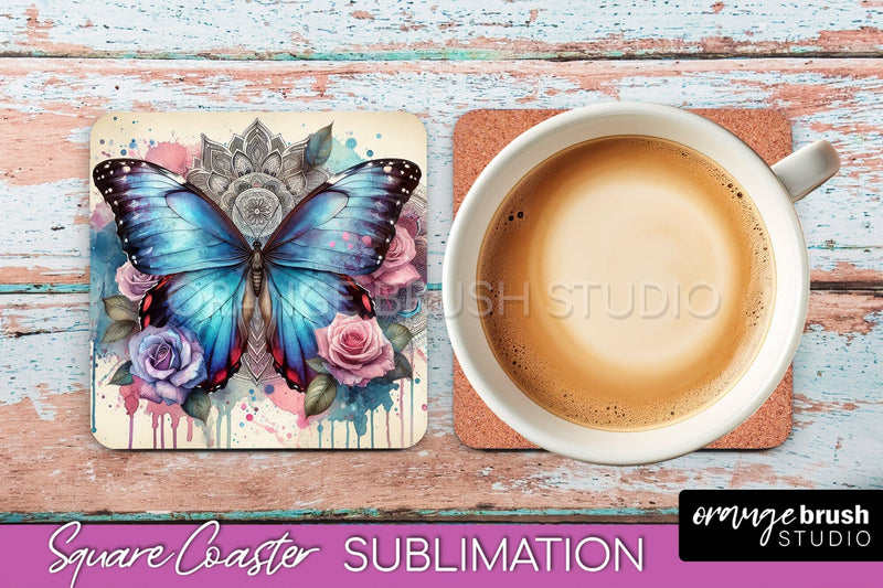 Butterfly Square Coaster Sublimation - Butterfly Coaster PNG Sublimation OrangeBrushStudio 