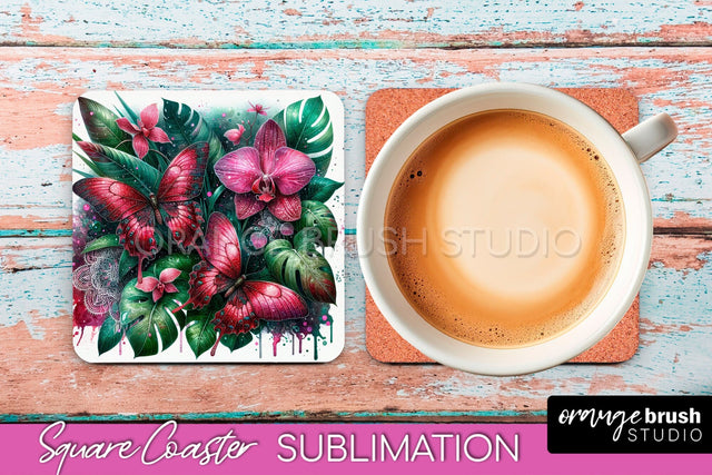 Butterfly Square Coaster Sublimation - Butterfly Coaster PNG Sublimation OrangeBrushStudio 