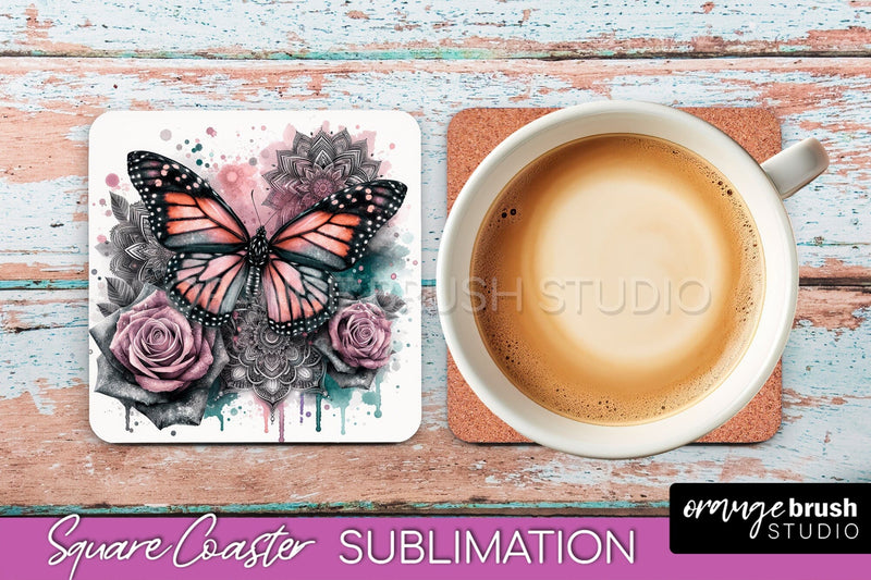 Butterfly Square Coaster Sublimation - Butterfly Coaster PNG Sublimation OrangeBrushStudio 
