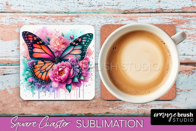 Butterfly Square Coaster Sublimation - Butterfly Coaster PNG Sublimation OrangeBrushStudio 