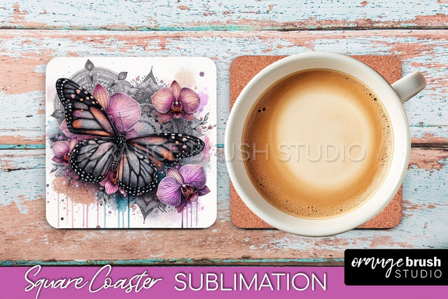Butterfly Square Coaster Sublimation - Butterfly Coaster PNG Sublimation OrangeBrushStudio 
