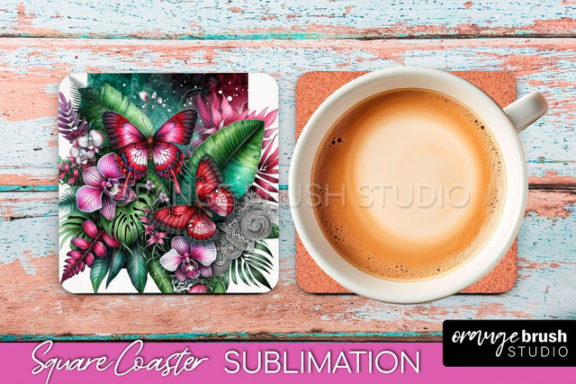 Butterfly Square Coaster Sublimation - Butterfly Coaster PNG Sublimation OrangeBrushStudio 