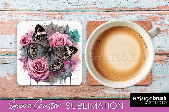 Butterfly Square Coaster Sublimation - Butterfly Coaster PNG Sublimation OrangeBrushStudio 