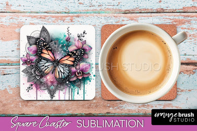 Butterfly Square Coaster Sublimation - Butterfly Coaster PNG Sublimation OrangeBrushStudio 