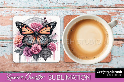 Butterfly Square Coaster Sublimation - Butterfly Coaster PNG Sublimation OrangeBrushStudio 