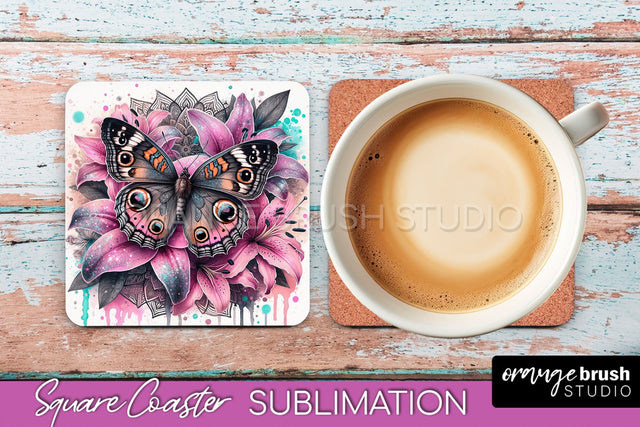 Butterfly Square Coaster Sublimation - Butterfly Coaster PNG Sublimation OrangeBrushStudio 