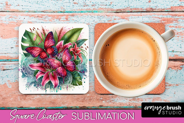Butterfly Square Coaster Sublimation - Butterfly Coaster PNG Sublimation OrangeBrushStudio 