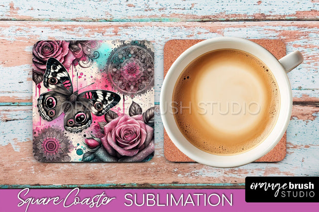 Butterfly Square Coaster Sublimation - Butterfly Coaster PNG Sublimation OrangeBrushStudio 
