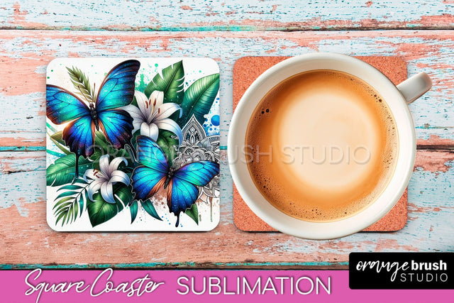 Butterfly Square Coaster Sublimation - Butterfly Coaster PNG Sublimation OrangeBrushStudio 