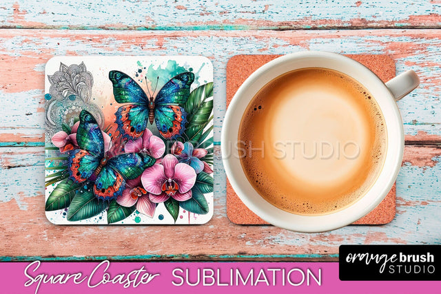 Butterfly Square Coaster Sublimation - Butterfly Coaster PNG Sublimation OrangeBrushStudio 