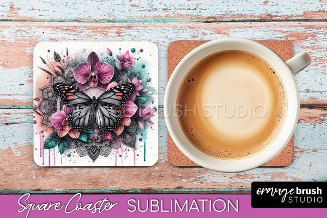 Butterfly Square Coaster Sublimation - Butterfly Coaster PNG Sublimation OrangeBrushStudio 