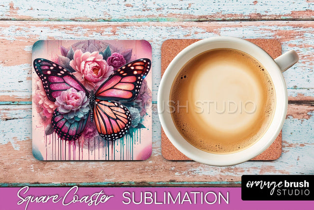 Butterfly Square Coaster Sublimation - Butterfly Coaster PNG Sublimation OrangeBrushStudio 