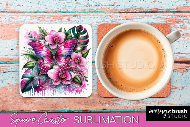 Butterfly Square Coaster Sublimation - Butterfly Coaster PNG Sublimation OrangeBrushStudio 