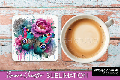 Butterfly Square Coaster Sublimation - Butterfly Coaster PNG Sublimation OrangeBrushStudio 
