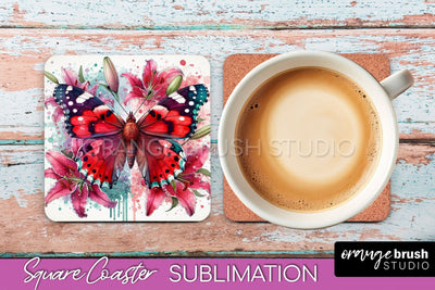 Butterfly Square Coaster Sublimation - Butterfly Coaster PNG Sublimation OrangeBrushStudio 