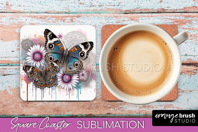 Butterfly Square Coaster Sublimation - Butterfly Coaster PNG Sublimation OrangeBrushStudio 