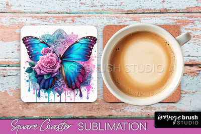 Butterfly Square Coaster Sublimation - Butterfly Coaster PNG Sublimation OrangeBrushStudio 