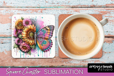 Butterfly Square Coaster Sublimation - Butterfly Coaster PNG Sublimation OrangeBrushStudio 