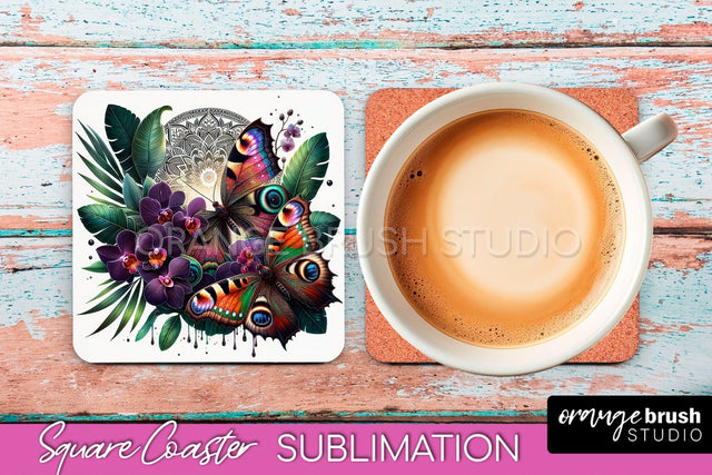 Butterfly Square Coaster Sublimation - Butterfly Coaster PNG Sublimation OrangeBrushStudio 
