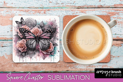 Butterfly Square Coaster Sublimation - Butterfly Coaster PNG Sublimation OrangeBrushStudio 